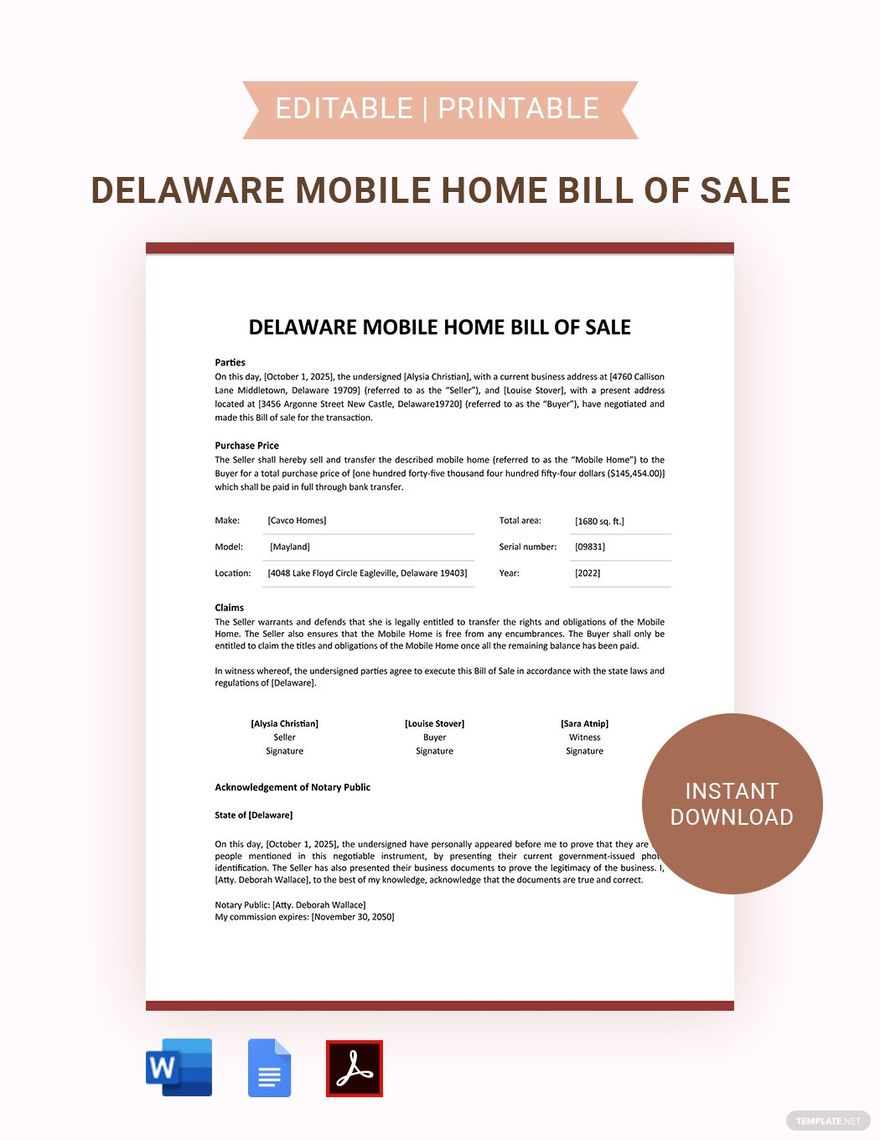 Delaware Mobile Home Bill Of Sale Template in Google Docs, Word, PDF