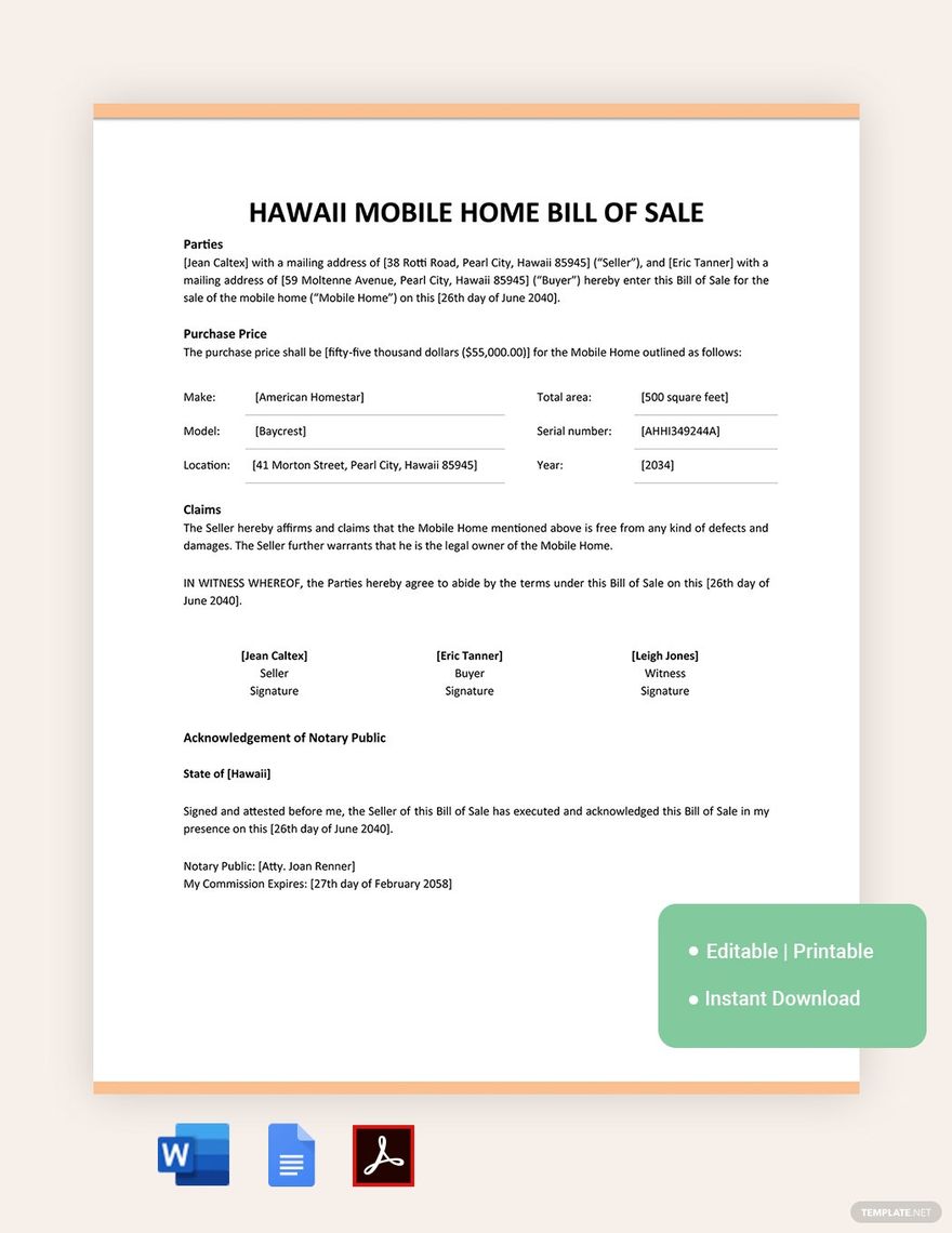 Ohio Mobile Home Bill Of Sale Form Template in Word, PDF, Google Docs