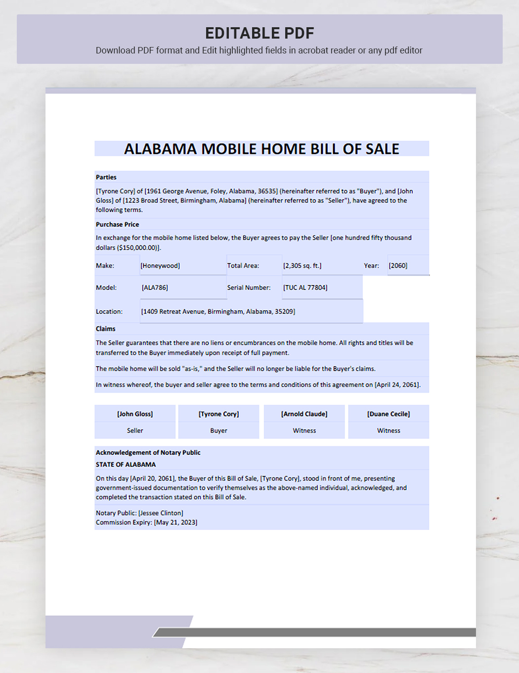 Alabama Mobile Home Bill of Sale Template in Word, PDF, Google Docs