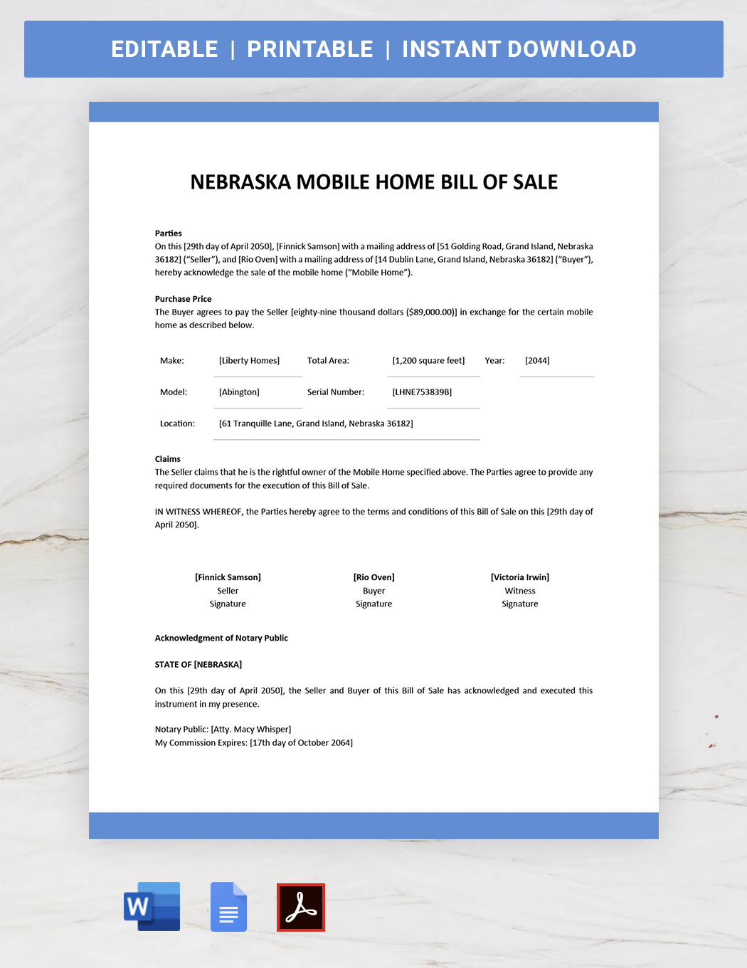 Free Nebraska Camper Bill of Sale Form Template Google Docs, Word