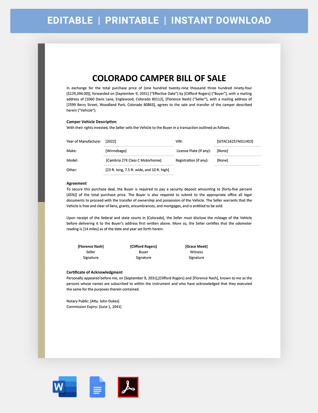 Free Nebraska Camper Bill of Sale Form Template Google Docs, Word