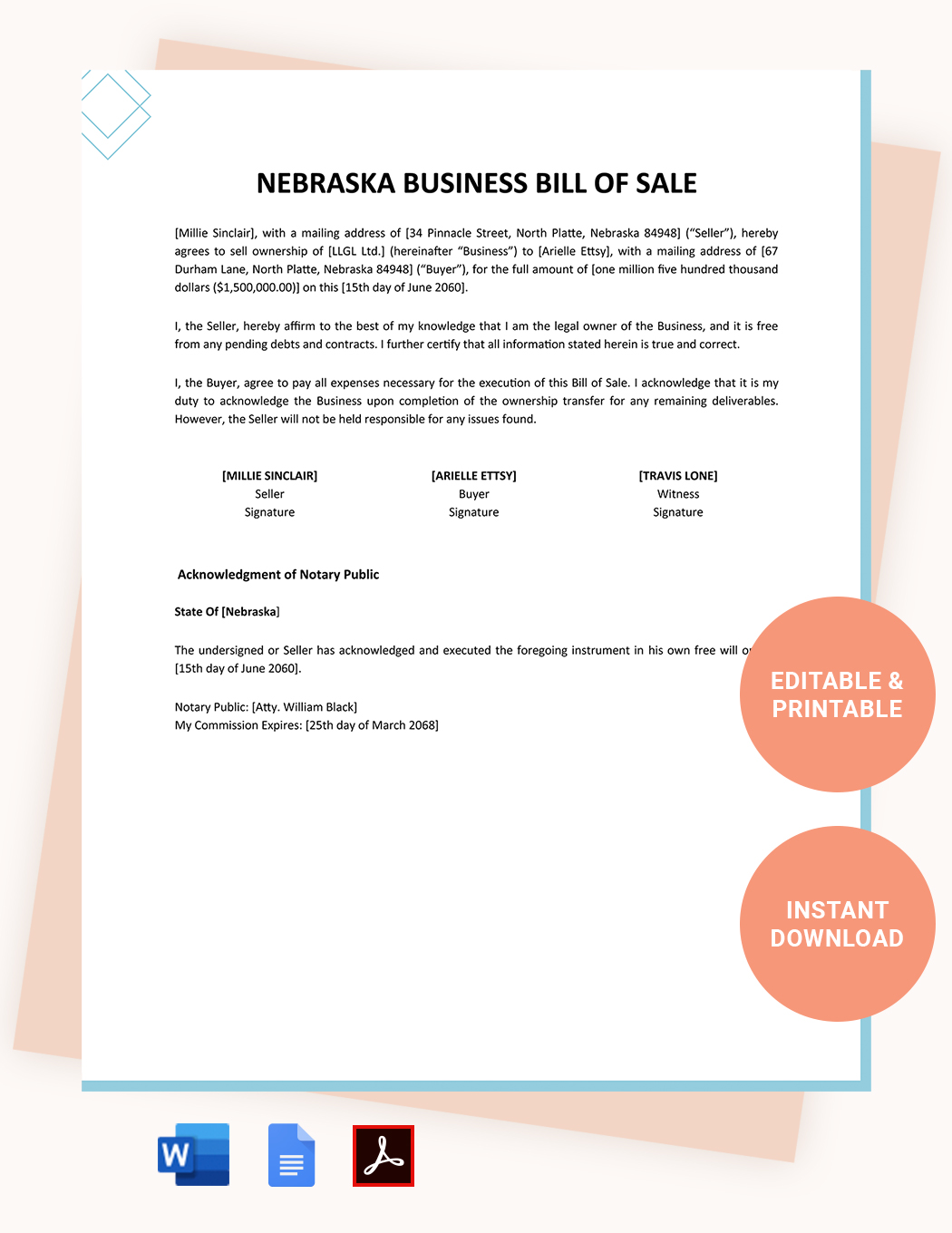 Nebraska Auto Bill of Sale Template Google Docs, Word, PDF