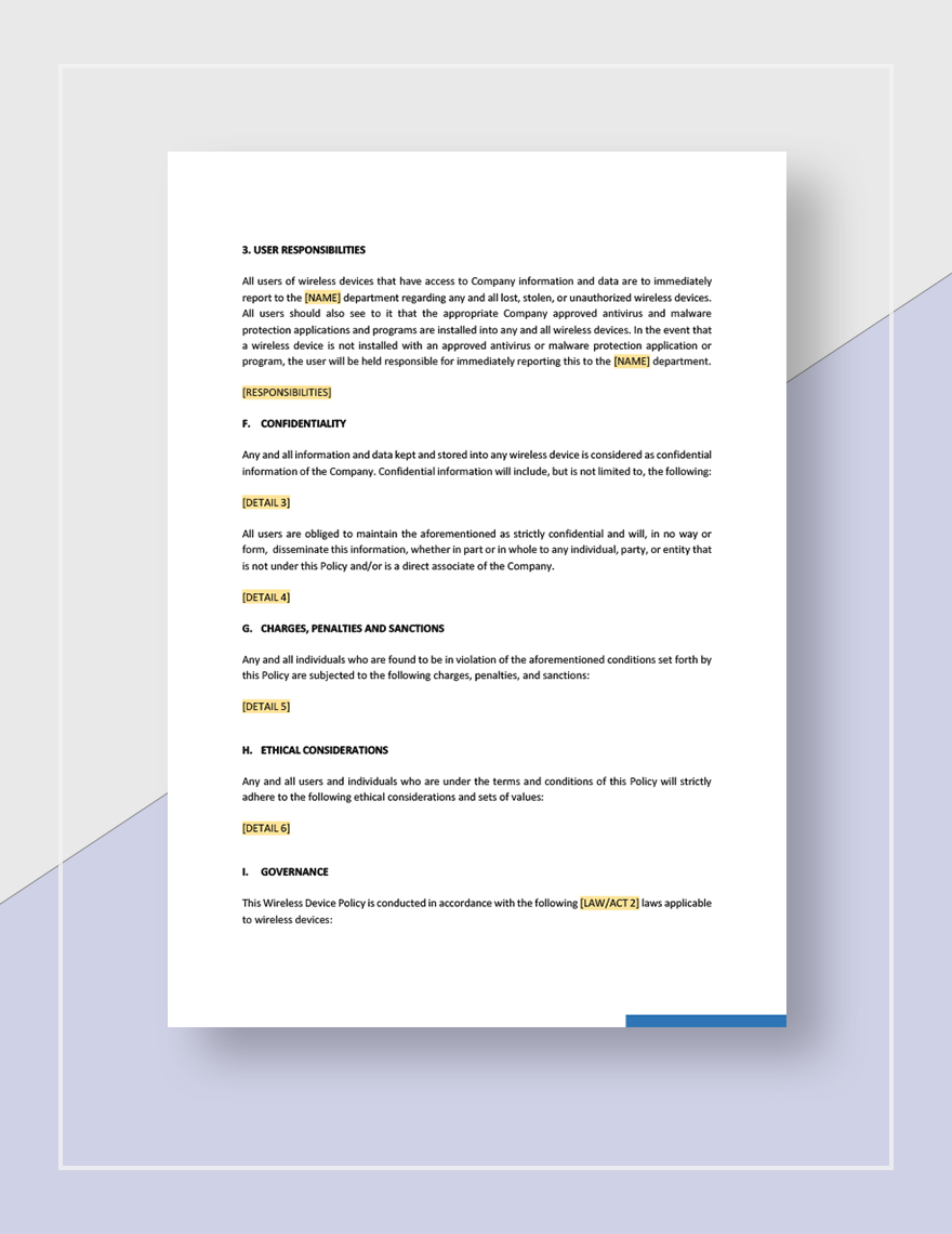 Wireless Device Usage Policy Template in Pages, Outlook, Word, Google Docs Download