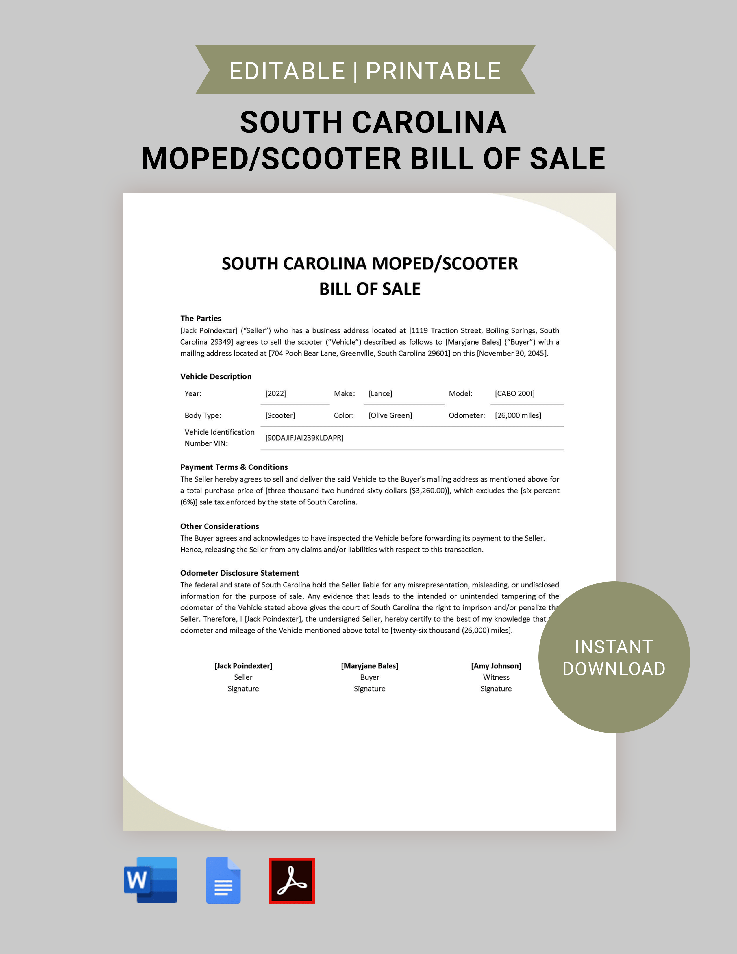 South Carolina Moped / Scooter Bill of Sale Template Google Docs, Word, PDF
