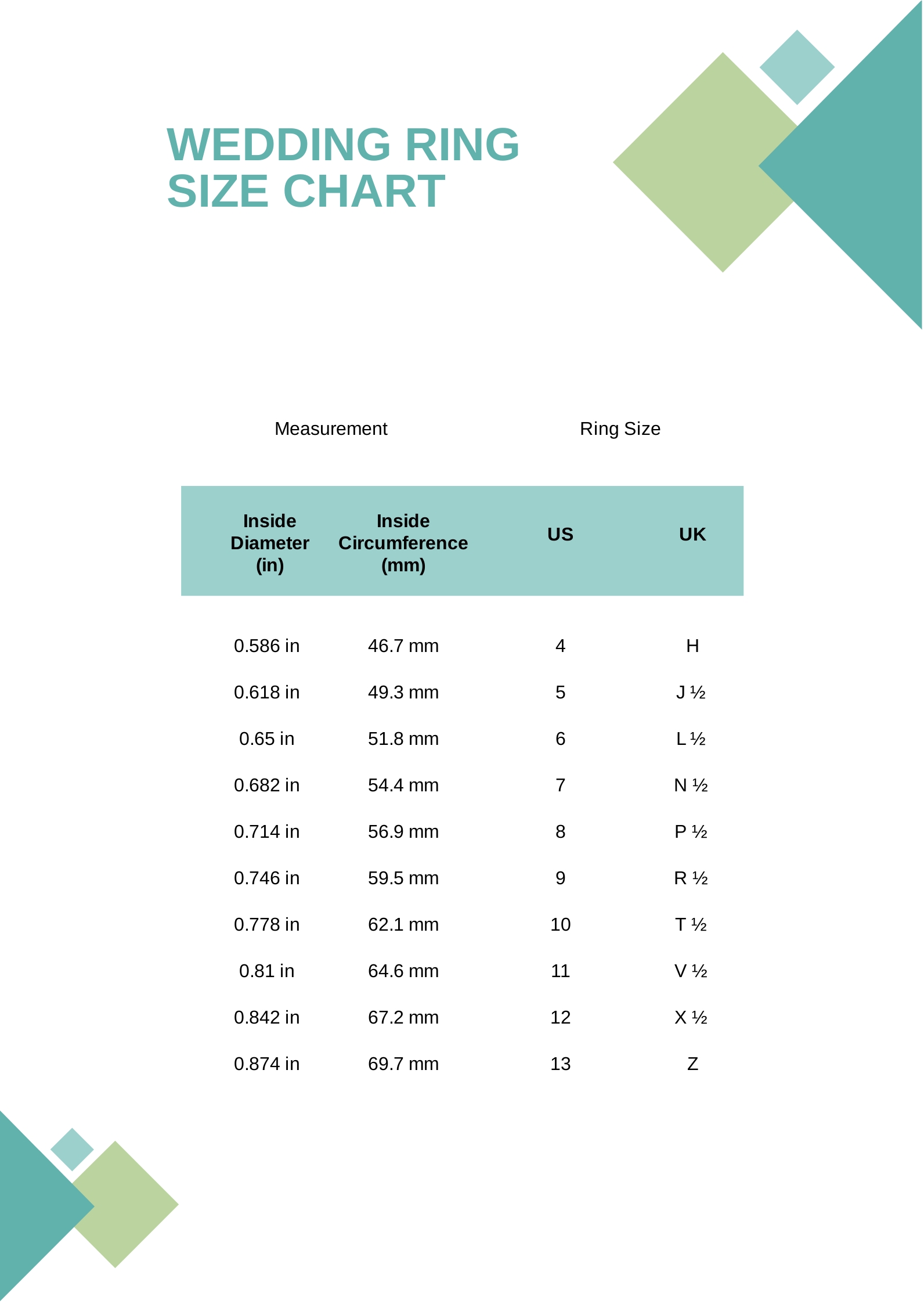 Wedding Ring Size Chart in PDF Download