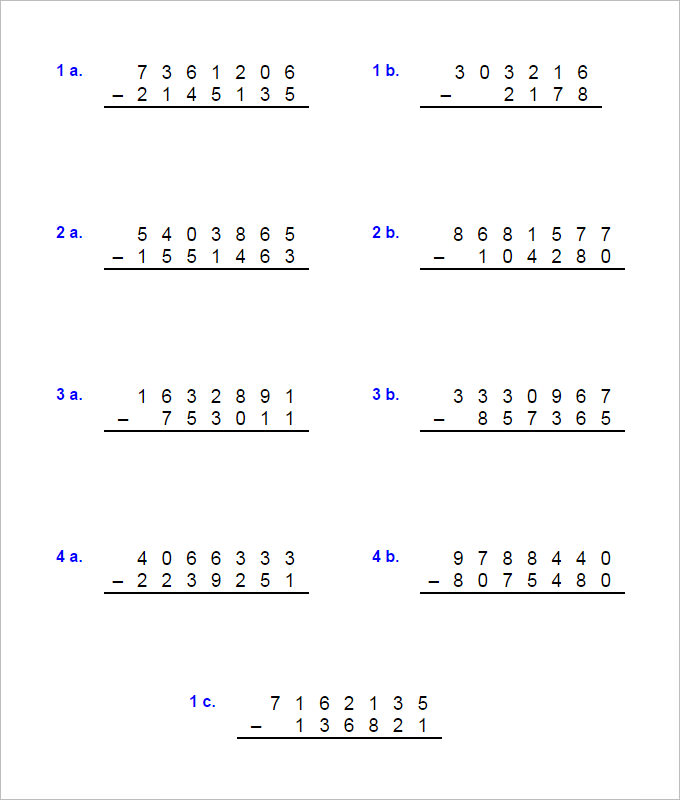 5 Digit Subtraction Worksheets