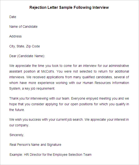 Rejection letter sample applicants not chosen for an interview