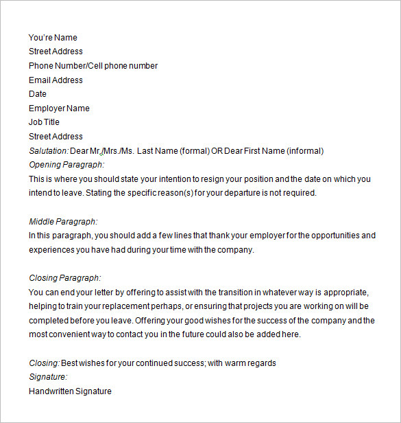 Nanny Notice Letter Sample Resignation Letter