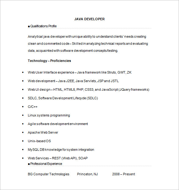 Java Developer Resume Template 14+ Free Samples, Examples, Format