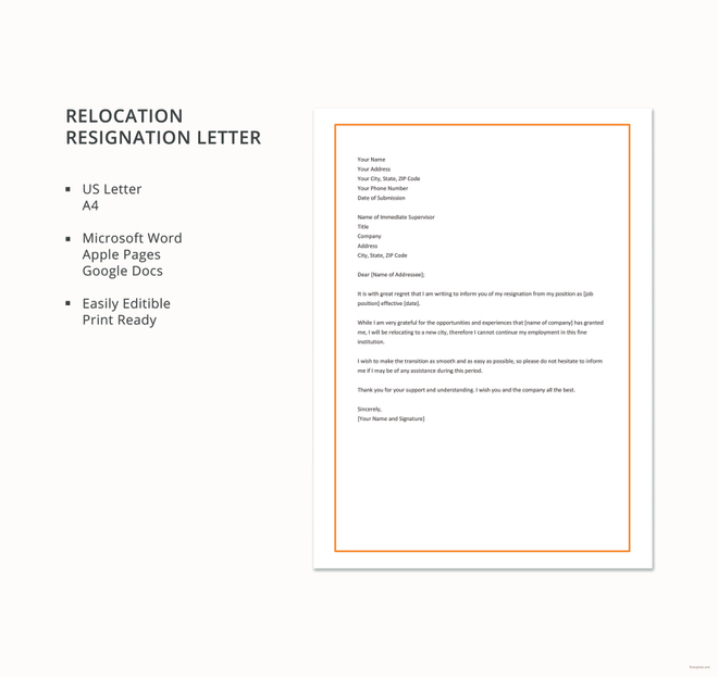 Resignation Letter Due to Relocation Template 7+ Free Word, PDF