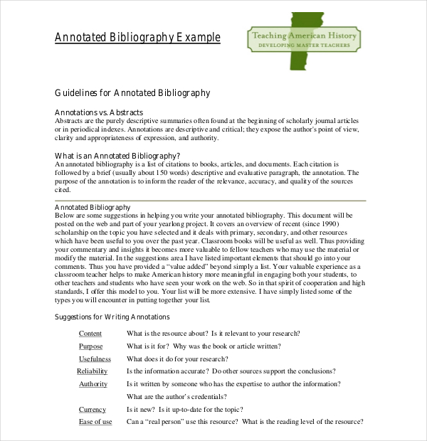 Teaching Annotated Bibliography Template 10+ Free Word, PDF Documents