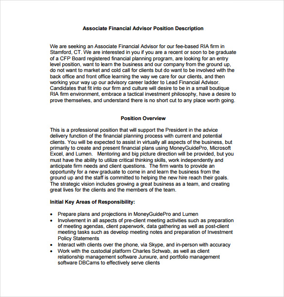 7+ Financial Advisor Job Description Templates Free Sample, Example