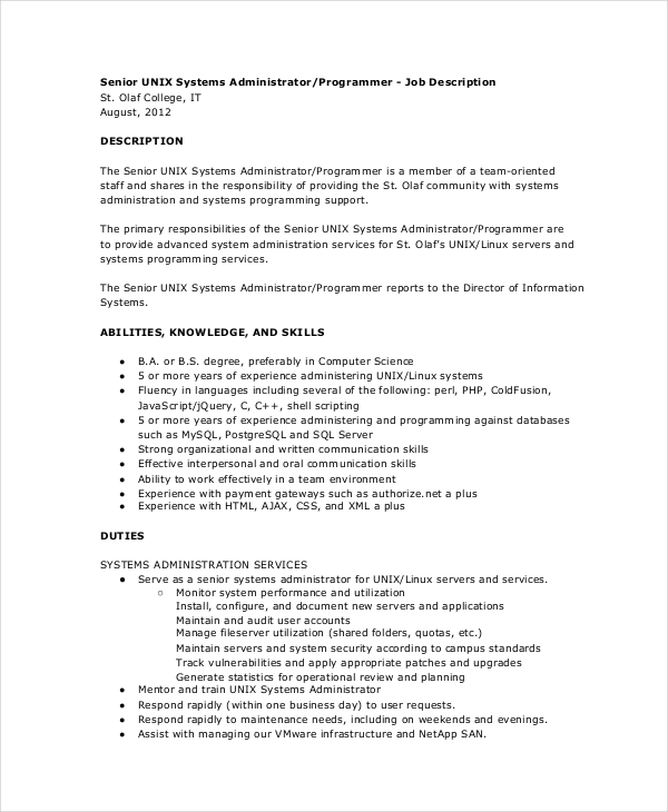 System Administrator Job Description Free Sample, Example, Format