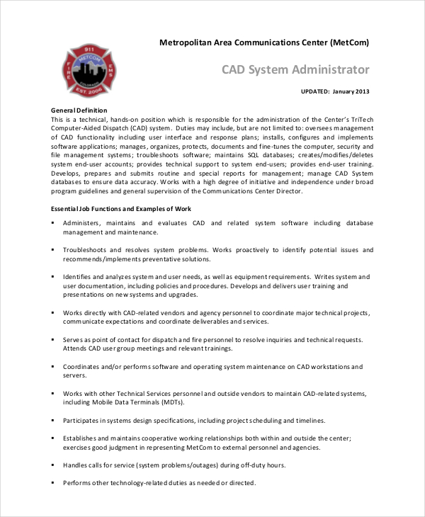 System Administrator Job Description Free Sample, Example, Format