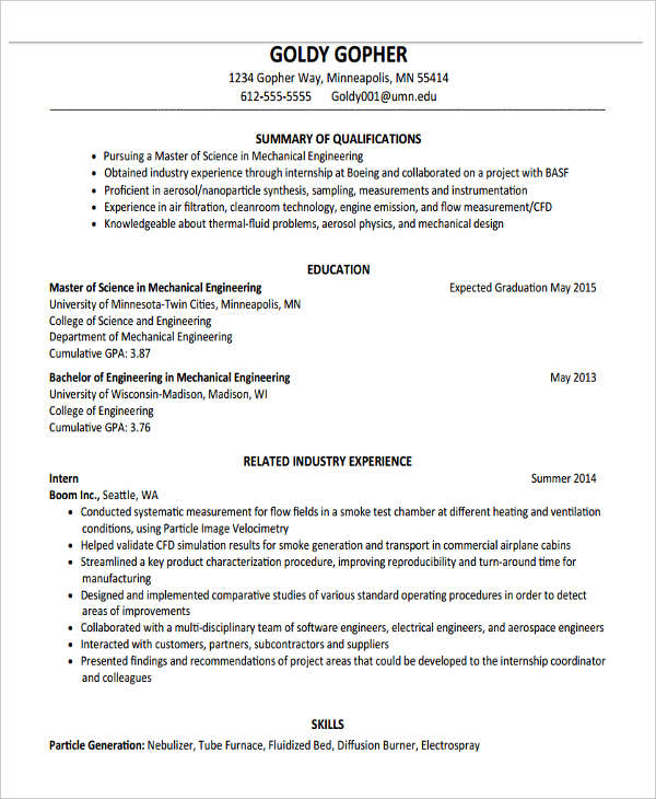 Resume Of Graduate Fresher