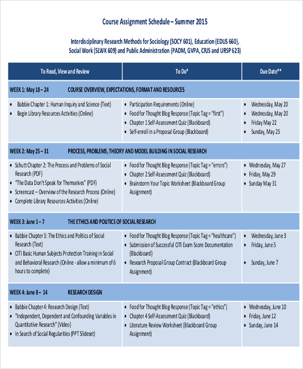 10+ Assignment Schedule Templates Sample, Examples