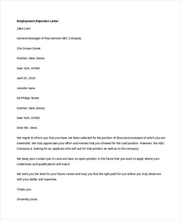 Employment Rejection Letters 8+ Free Word, PDF Format Download Free