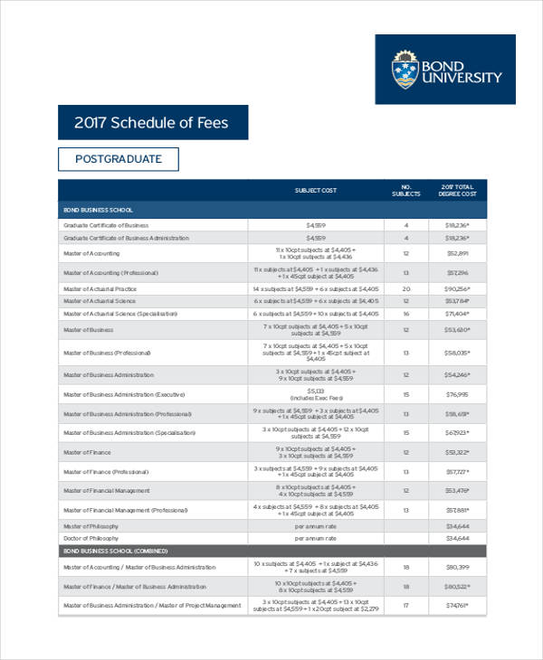 6+ Fee Schedule Templates Free Samples, Examples Format Download