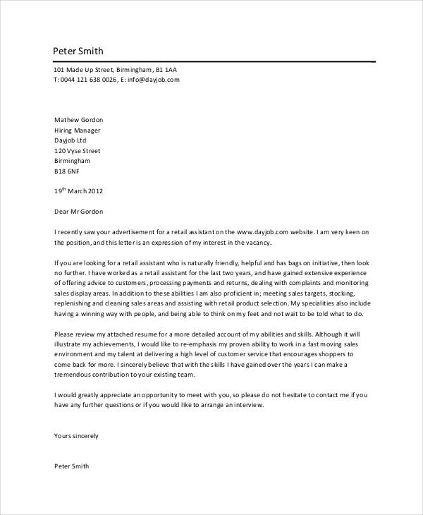 7+ Retail Cover Letter Templates Free sample, Example Format Download