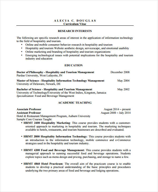 8+ Hospitality Curriculum Vitae Templates PDF, DOC
