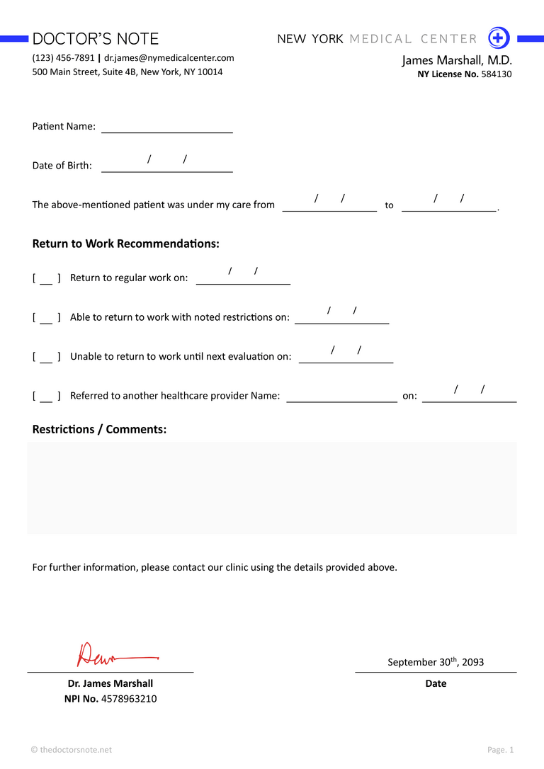 Free Doctor’s Note for Work from Hospital