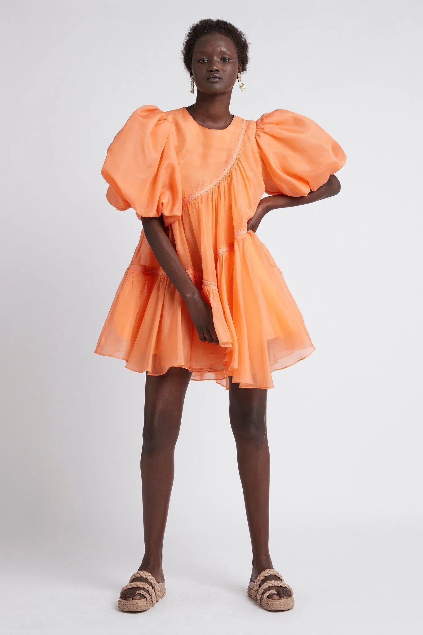 Aje Riviera Asymmetric Braided Puff Sleeve Smock Dress Mandarin Orange