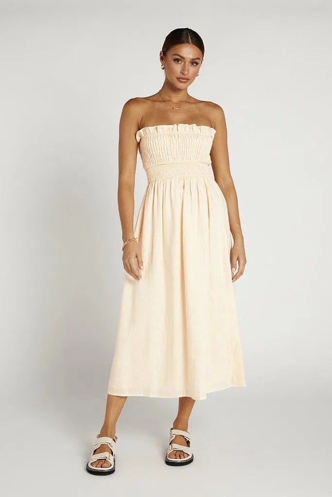 Dissh Thea Cream Shirred Linen Midi Dress Size 8 The Volte