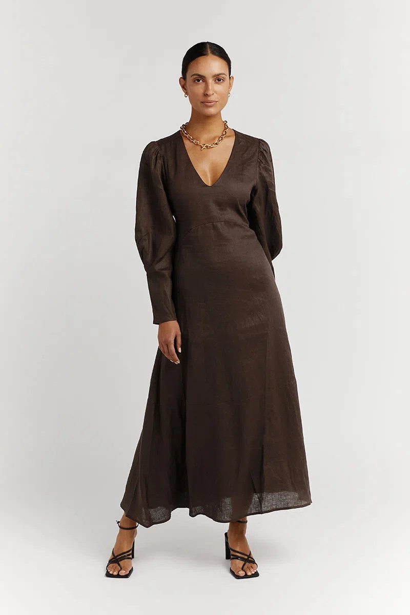 DISSH Wynn Dark Choc Linen Midi Dress Brown Size 8 The Volte