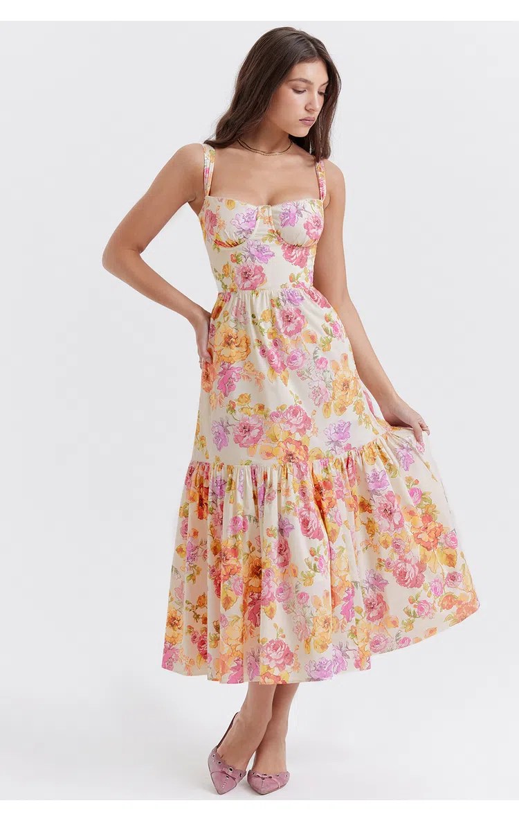 House of CB Elia Midi Dress Ivory Floral Size L / Au 12 (+cup)