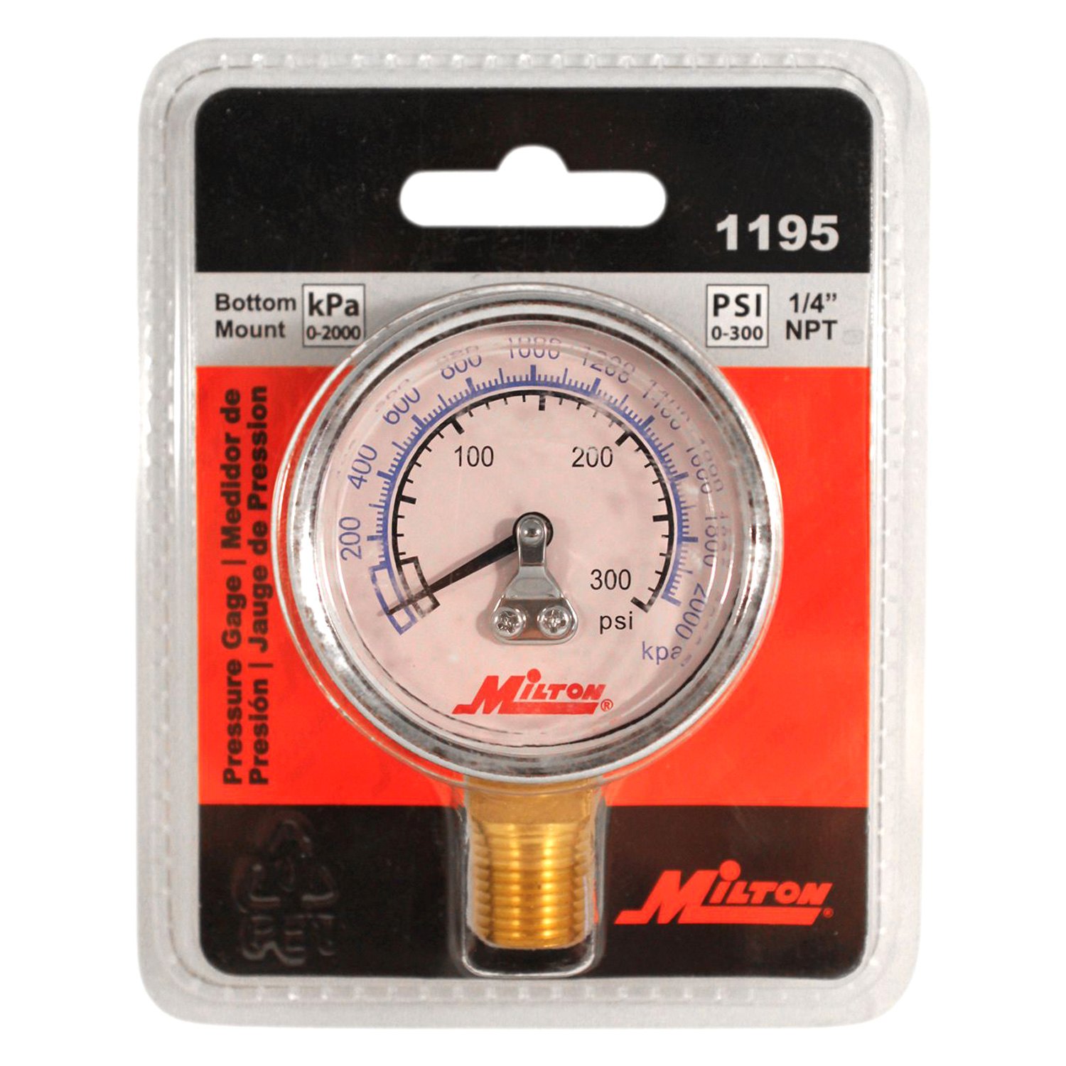 Milton® 1195 0300 psi 1/4" High Pressure Bottom Mount Gauge