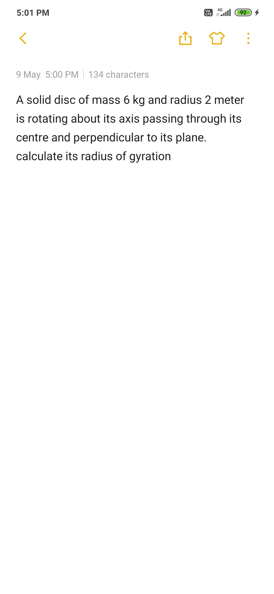 A solid disc of mass 6 kg and radius 2 meter is rotating about its axis