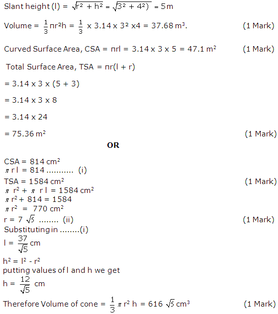 Find the volume, curved surface and total surface area of a cone with