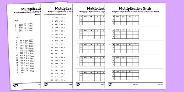 Multiplying 4-Digit Numbers By 2 Digit Numbers Using Grid Method Worksheet /