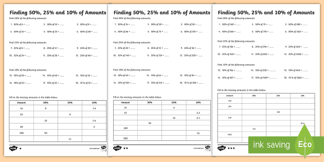 Finding 50%, 25% And 10% Of Amounts Differentiated Worksheets