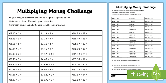 Multiplying Money Challenge Worksheet