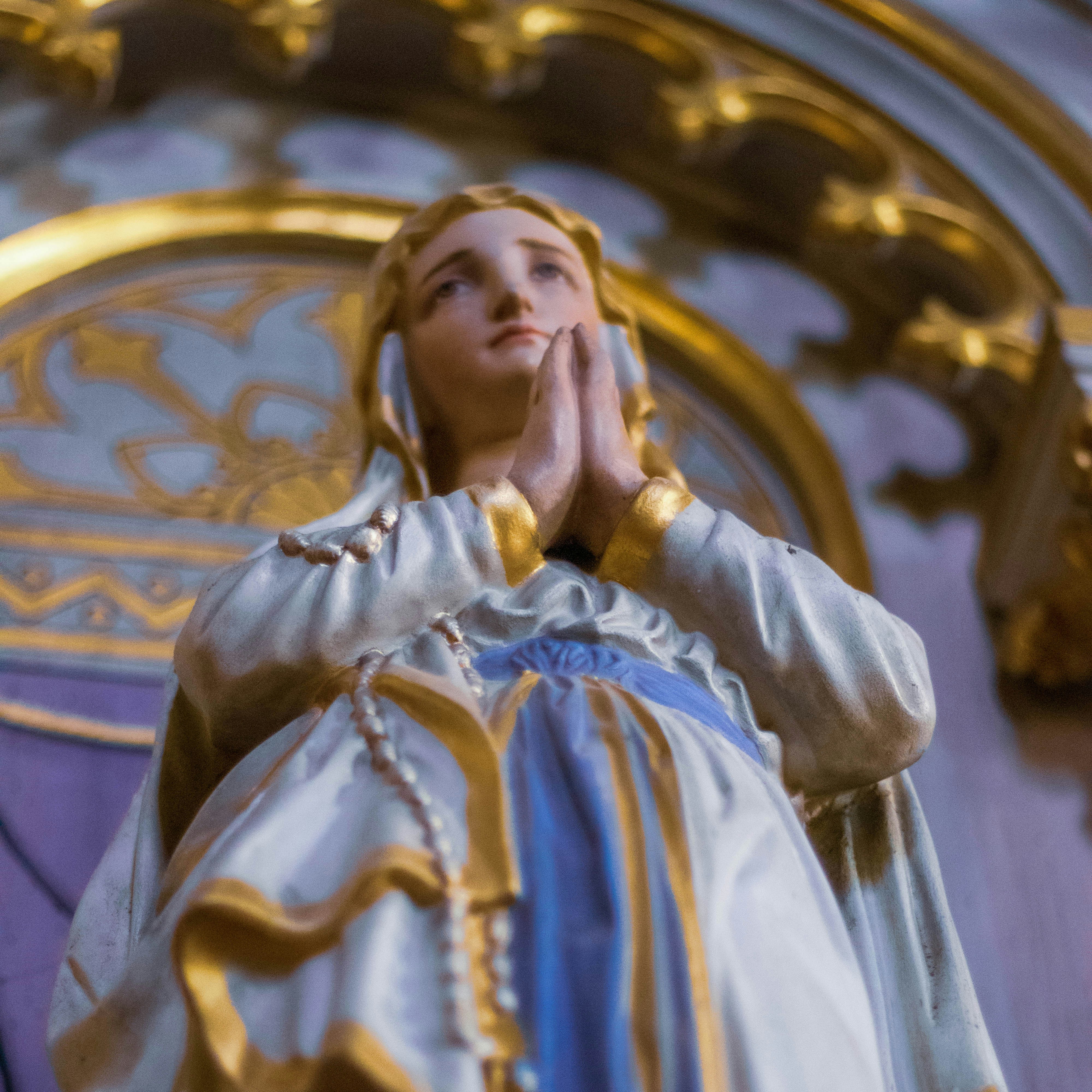 Woman in white and blue dress religious statuette photo Free Catholic