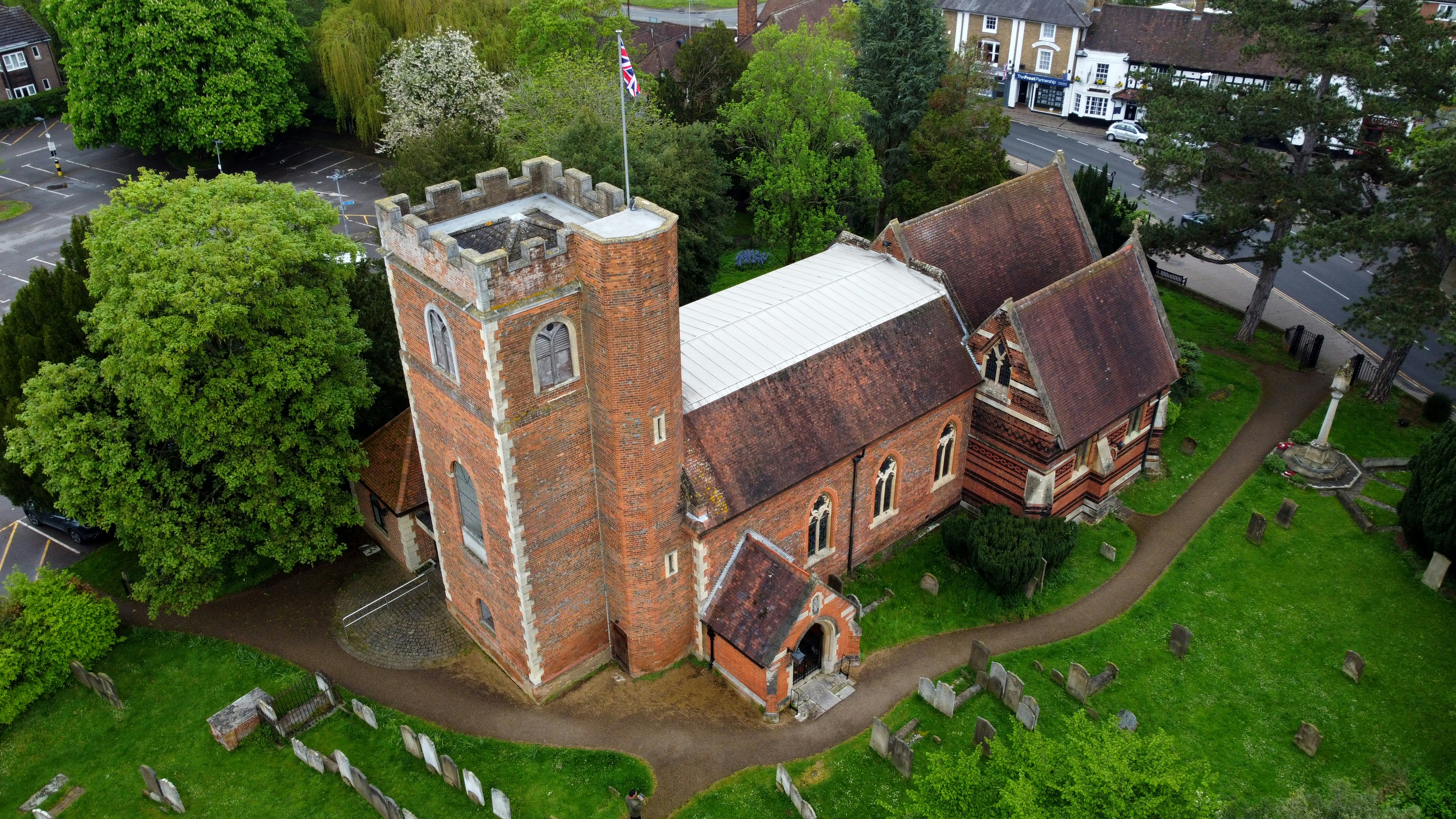 An aerial view of an old brick church photo Free Chalfont st peter