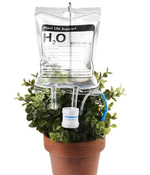 Plant Life Support Automatic plant waterer styled like an IV bag.