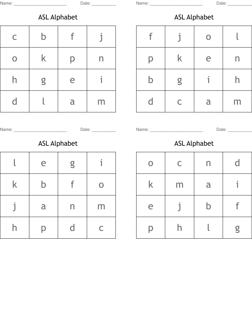 ASL Alphabet Bingo Cards WordMint