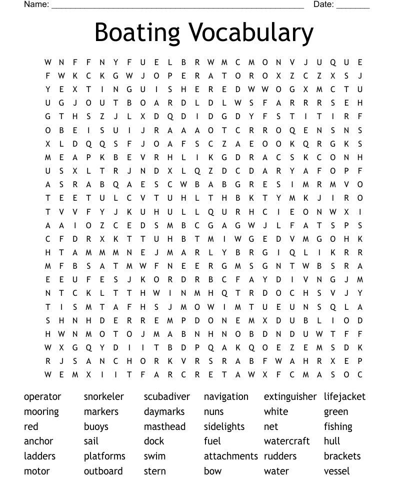 Boating Crosswords, Word Searches, Bingo Cards WordMint