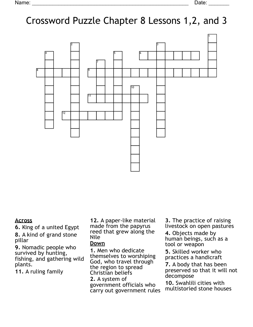 Crossword Puzzle Chapter 8 Lessons 1,2, and 3 WordMint