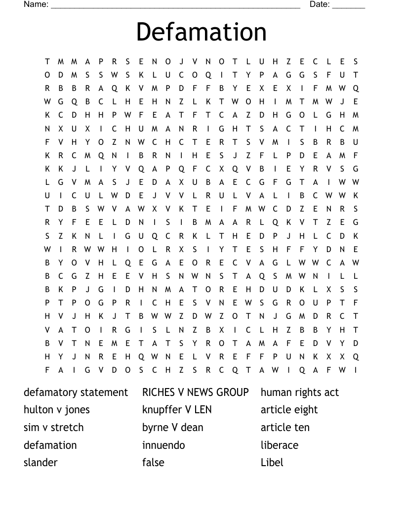 Defamation Word Search WordMint