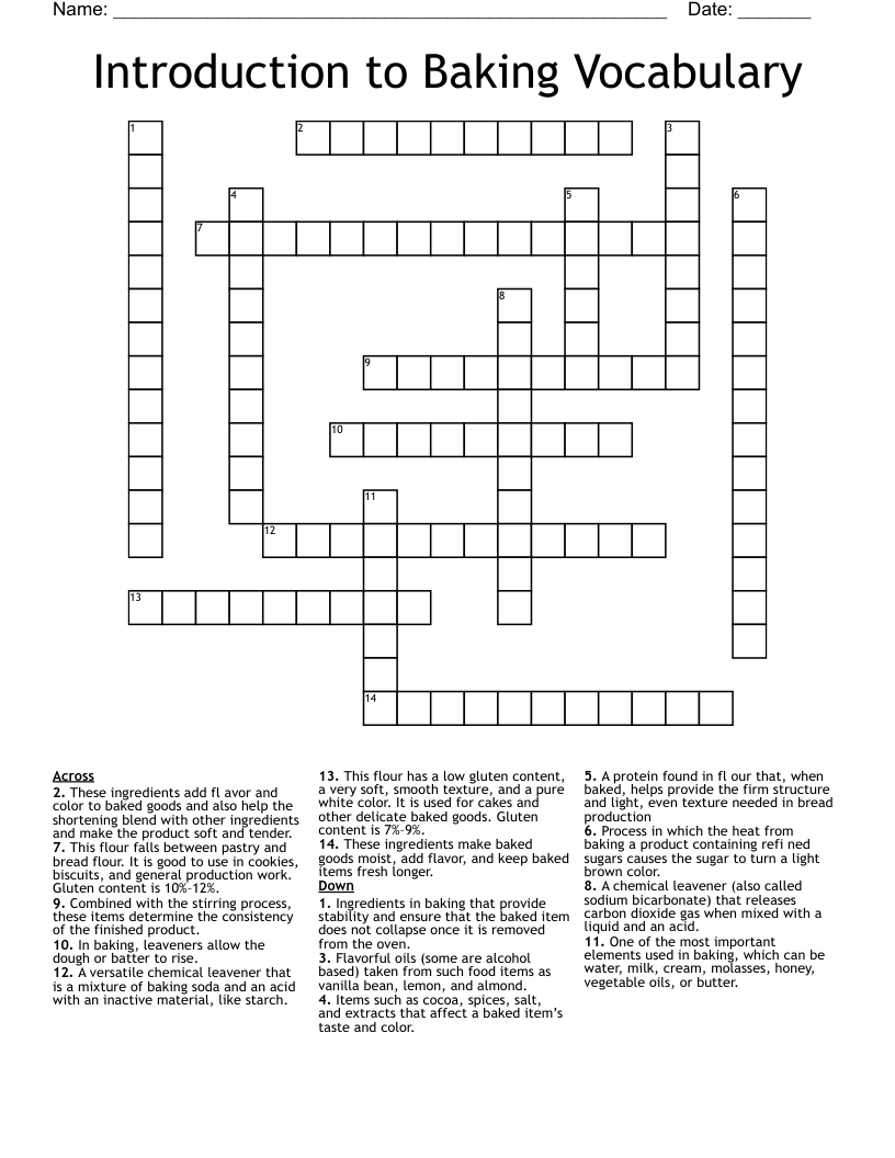 Introduction to Baking Vocabulary Crossword WordMint