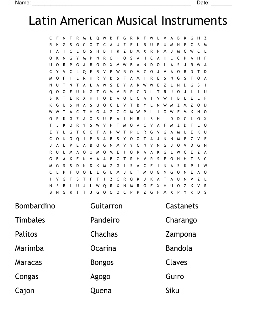 Latin American Musical Instruments Word Search WordMint