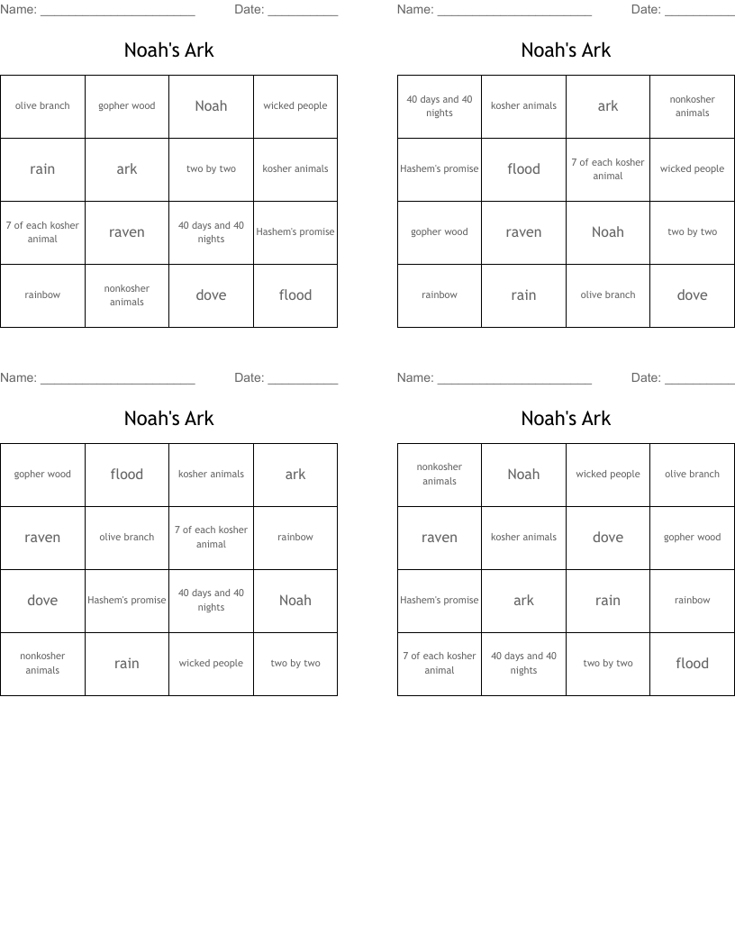 Noah's Ark Bingo Cards WordMint