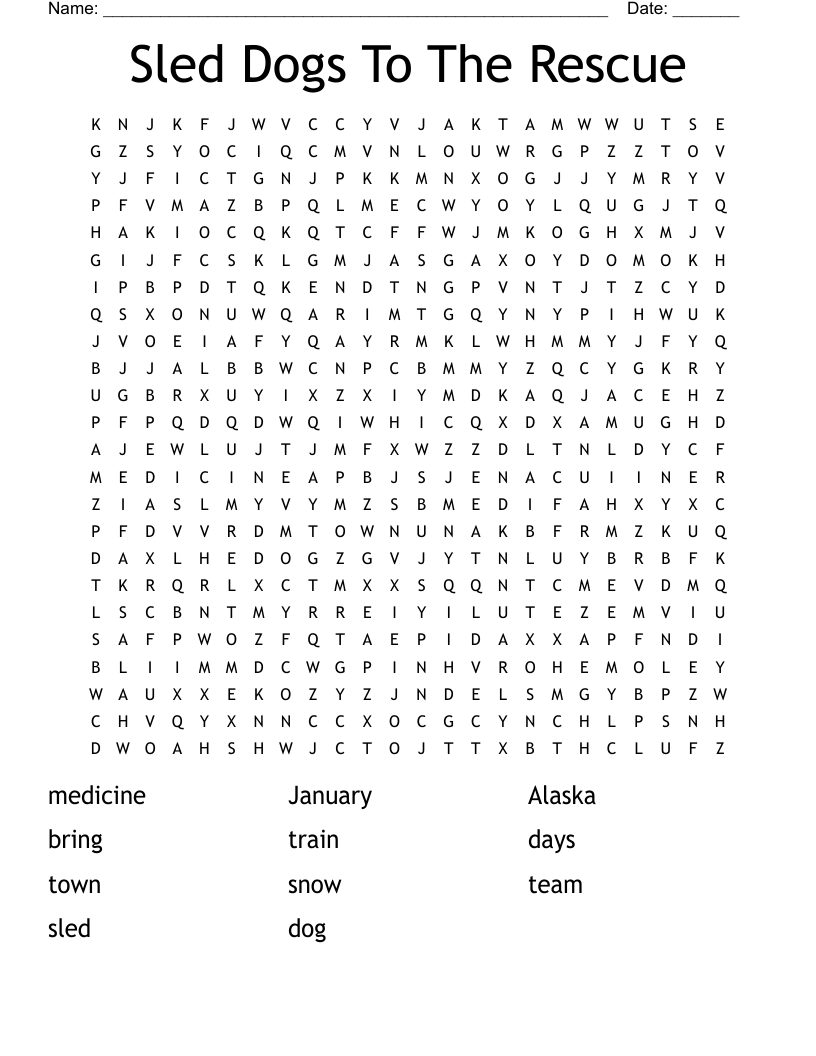 Sled Dogs To The Rescue Word Search WordMint