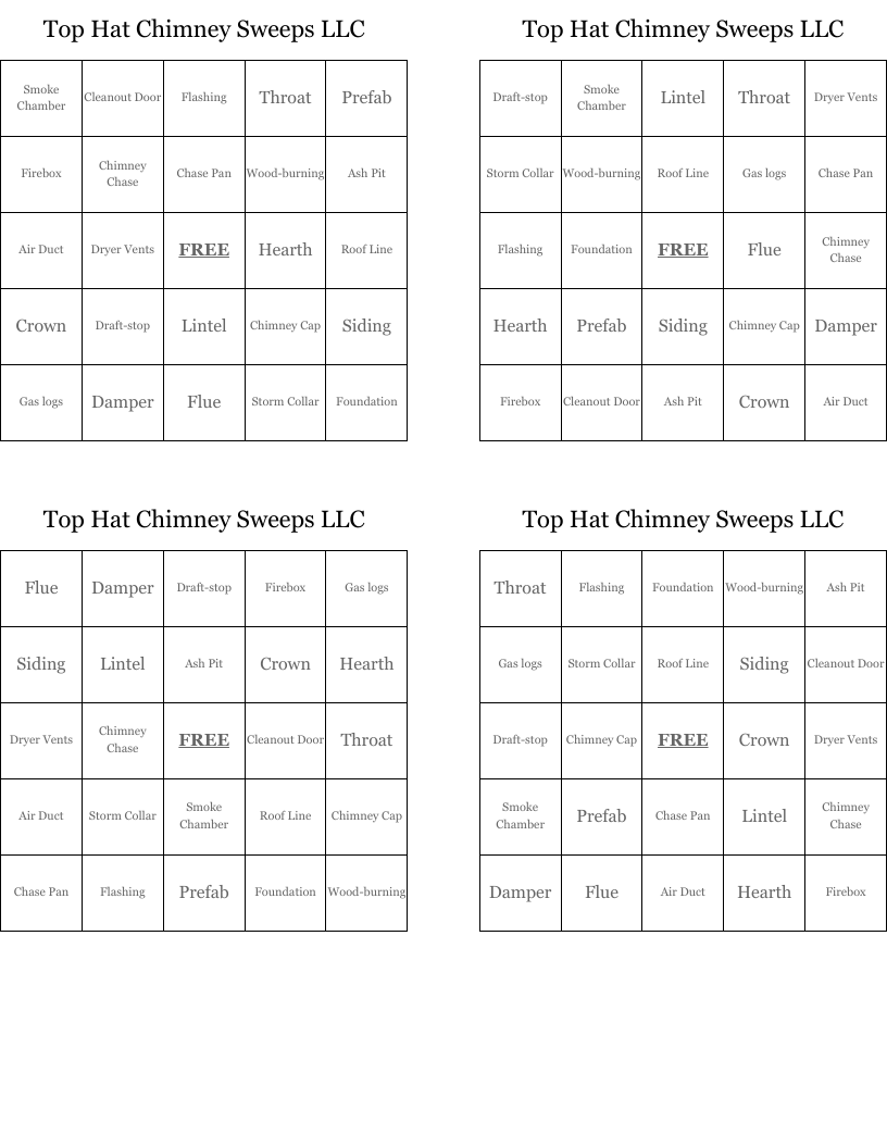 Top Hat Chimney Sweeps LLC Bingo Cards WordMint