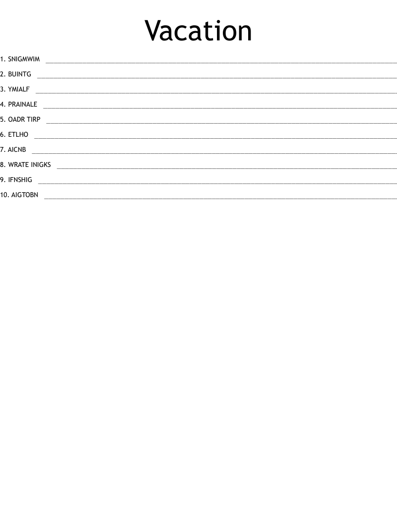 Vacation Word Scramble WordMint