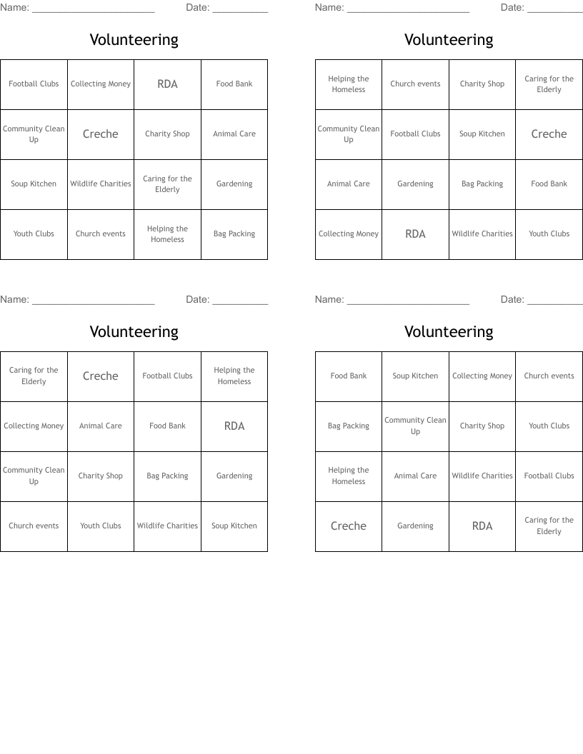 Volunteering Bingo Cards WordMint