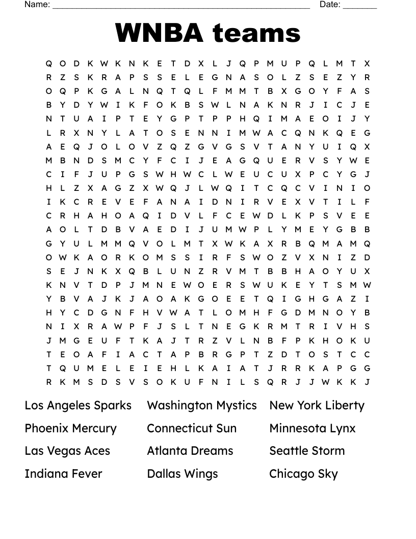 WNBA teams Word Search WordMint